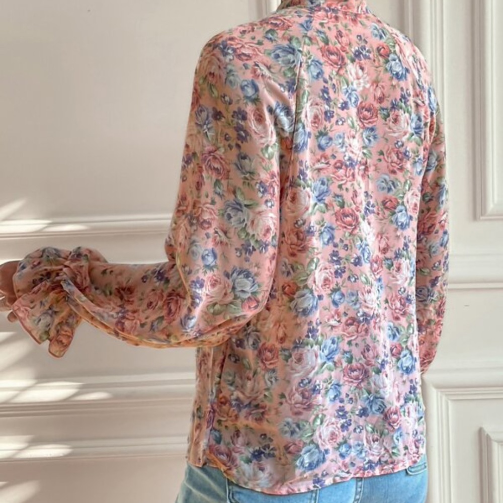 Bohemian Blush Pink Floral Neck Tie Ruffle Top Cottagecore - Picture 7 of 8